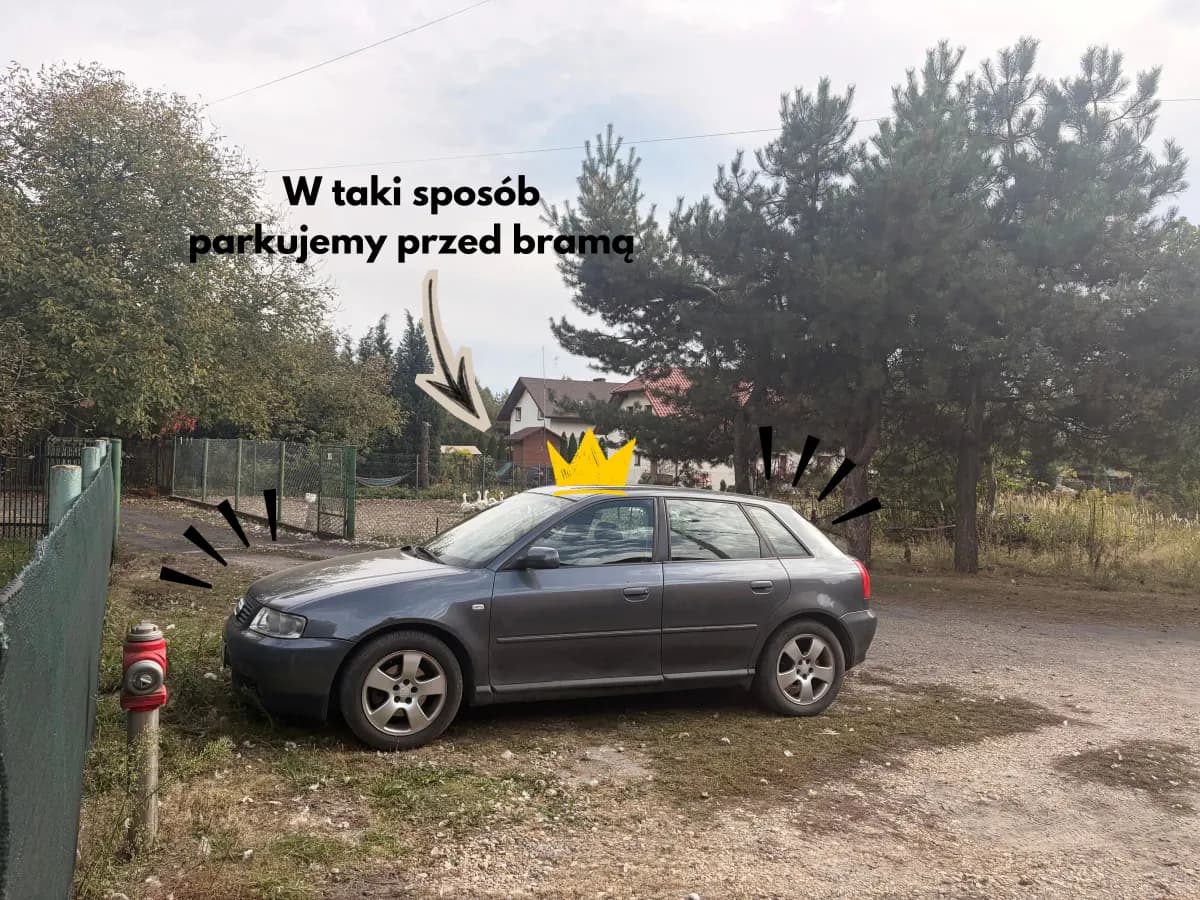 Auto zaparkowane przed bramą przy ogrodzeniu